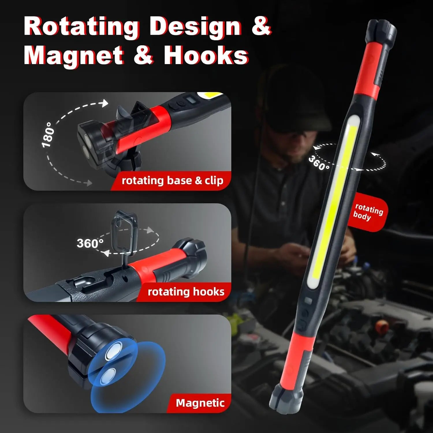 KDULIT LED Magnetic Work Light Rechargeable Underhood Work Lamp With Hooks & Rotating Magnetic Base For Car Repairing Emergency